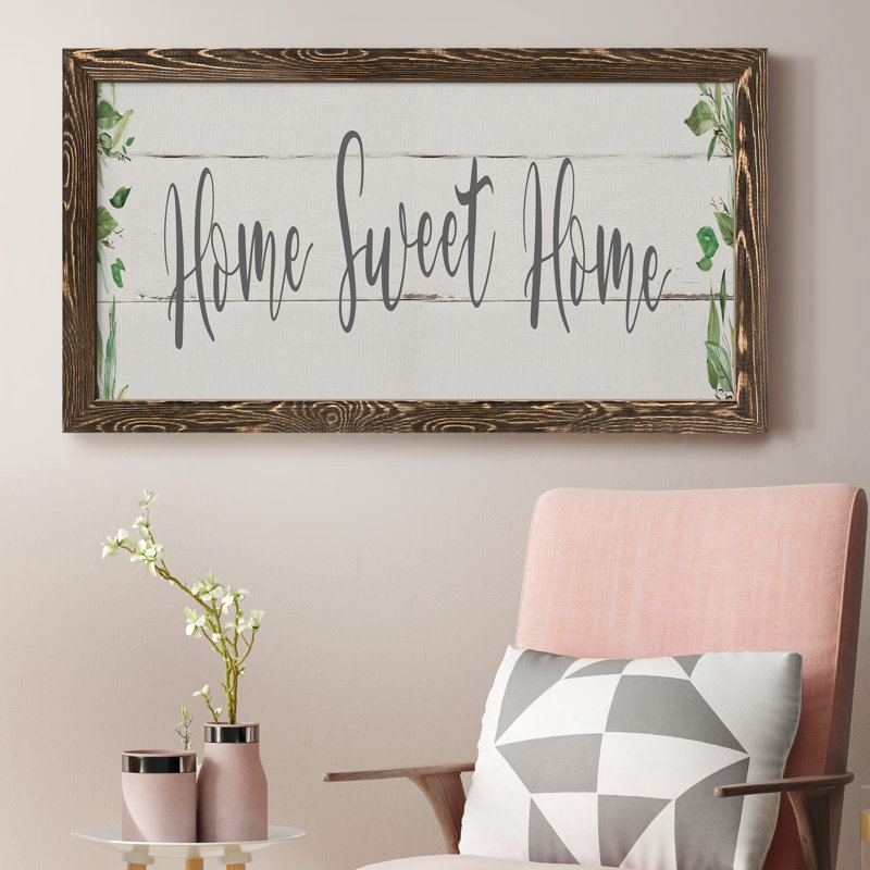 Home Sweet Home Greenery - Reproduction d'art textuel sur toile encadrée, Noyer