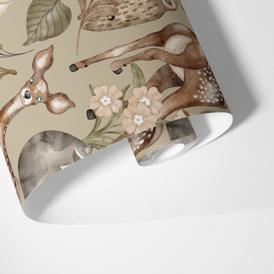 Woodland Animal Beige Wallpaper, 225"H x 25"W, Pre-pasted Paper