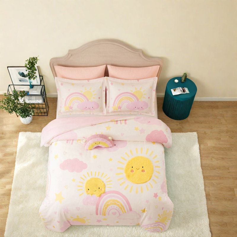 Ensemble de literie arc-en-ciel rose, ensemble de 6 pièces en microfibre pour enfants