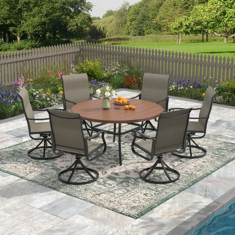 Ensemble repas d'extérieur pour 6 personnes avec chaise pivotante, Noyer/brun