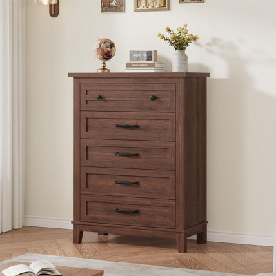 5 Drawer Dresser, 41.3" Tall Wood Chest with Large Storage for Bedroom, Walnut