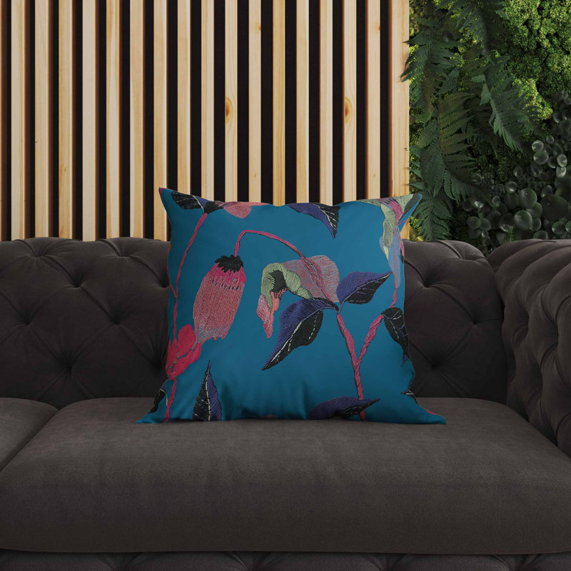 Coussin intérieur / extérieur Nature's Emb broderie, Bleu / Rose, Carré 18 po