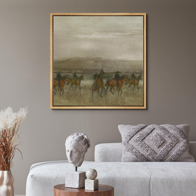West " Equestrian Procession In Golden Fields Vintage Style Horse Illustrations Realism Decor Panoramic "