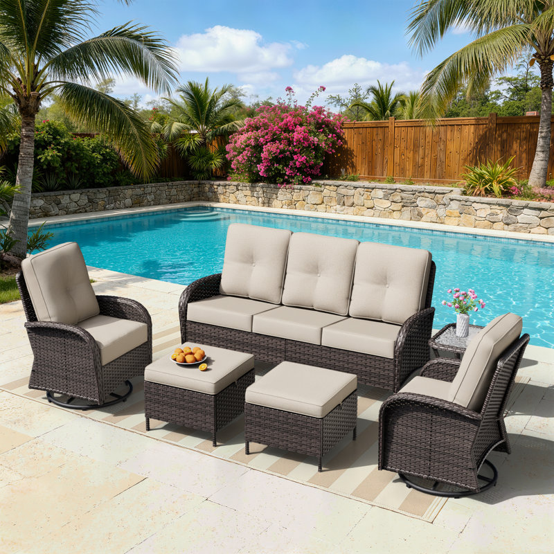 5-Person Outdoor Patio Conversation Rattan Sofa Seating Group With Side Table, 2 Swivel Chairs,2 Ottomans and Beige Cushions