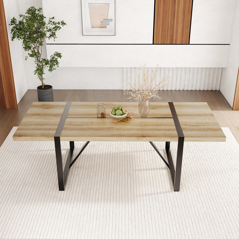 Table de salle à manger en bois 87 po avec pieds en métal noyer, Bois naturel