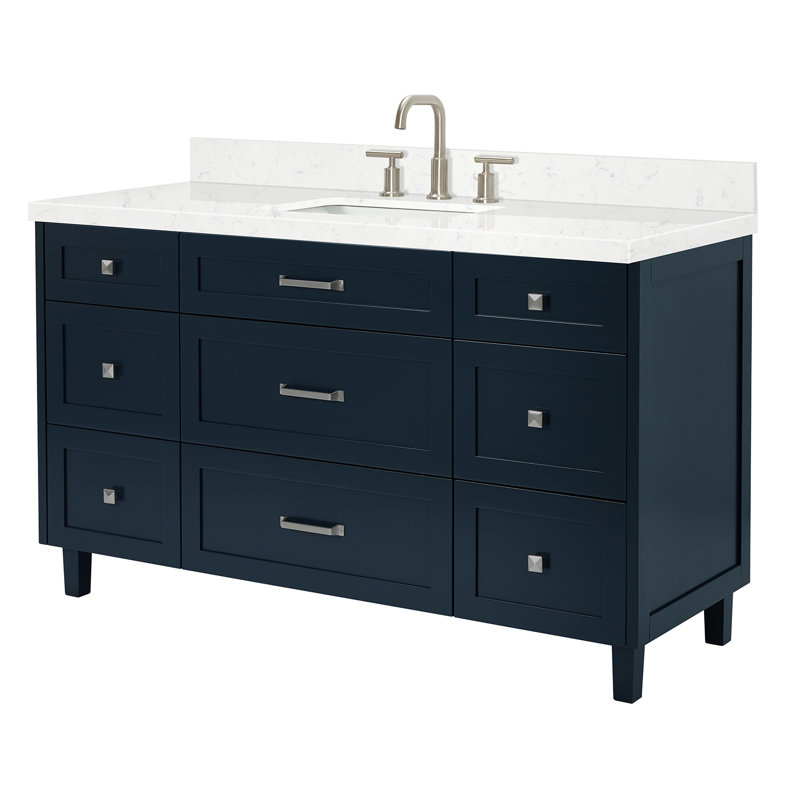 ARIEL Monroe 48 Single Sink Bathroom Vanity with Carrara Quartz Top, Midnight Blue, 60" - 61", Carrara White Quartz