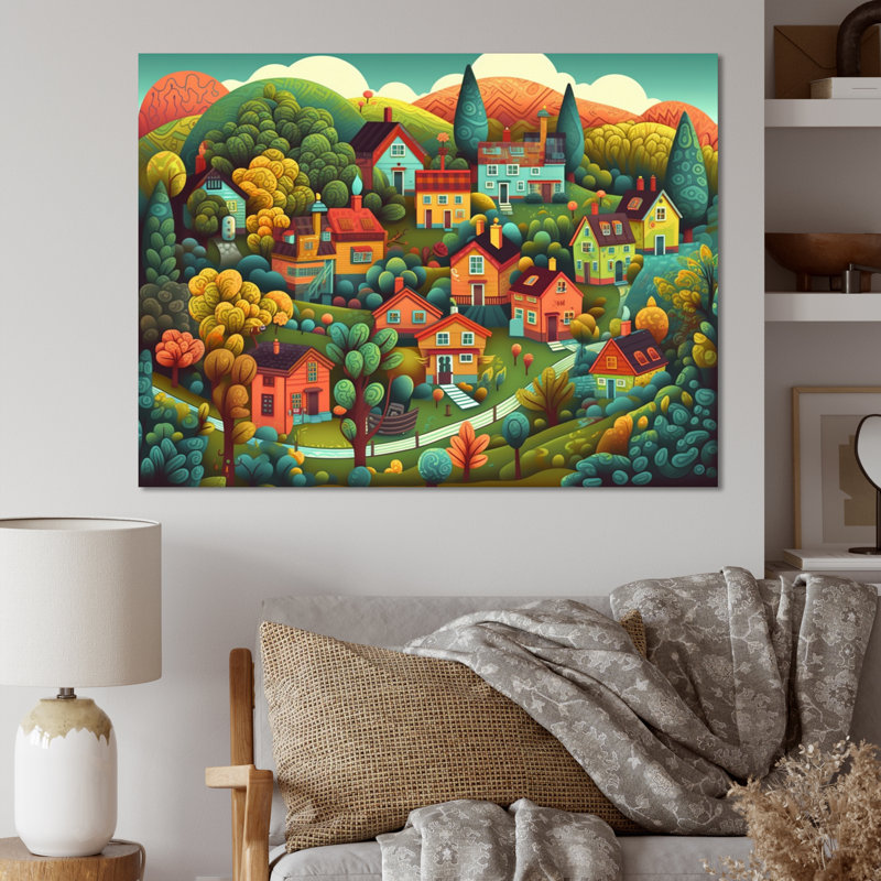 Petite ville village II - art mural moderne paysage, H 12 po x l 20 po x P 1 po, Toile tendue