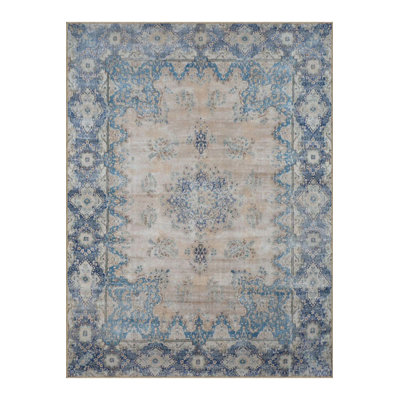 Washable  Blue Beige Themed Traditional Motif Patterned Vintage Decorative Area Rug