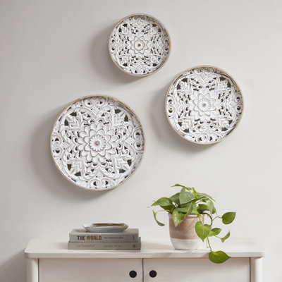 Medallion Trio Distressed White Floral 3-Piece Carved Wood Wall Décor Set
