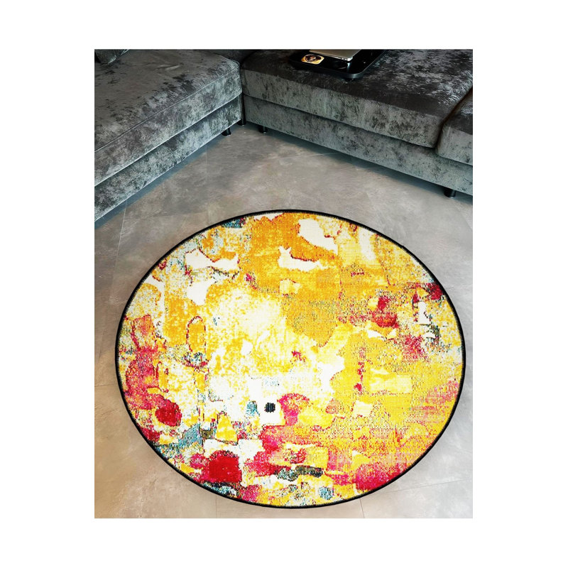 Tapis rond lavable moderne à motif abstrait jaune, Sous-tapis rond 4 pi 11 po inclus