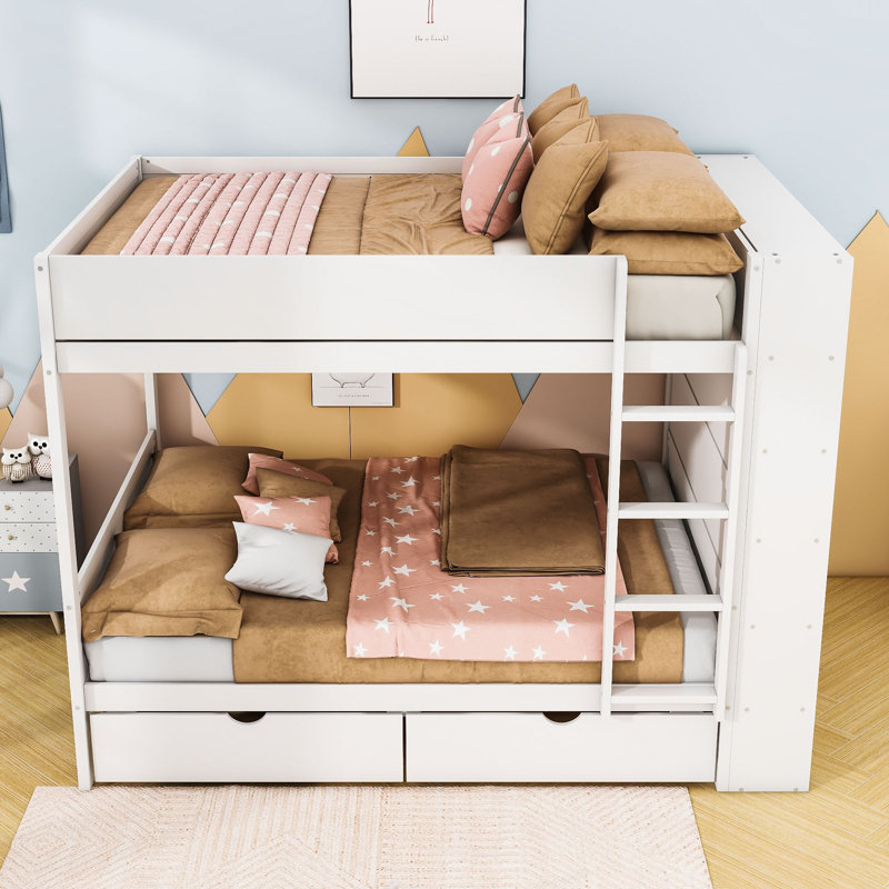 Lit superposé en bois Huesman avec deux tiroirs de rangement et tablettes multicouches, Lit superposé double sur double