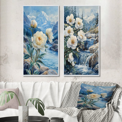 Pivoines blanches et les eaux glaciaires I - Collection d'art mural floral 2 panneaux