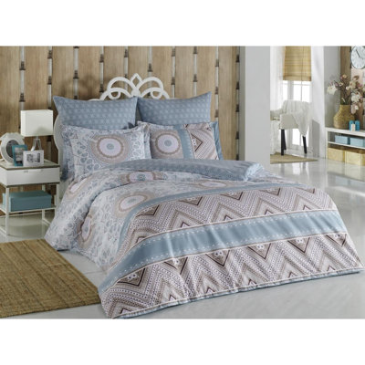 Landrich Blue White Brown Cotton Lawn Fabric 145 TC Duvet Cover Set