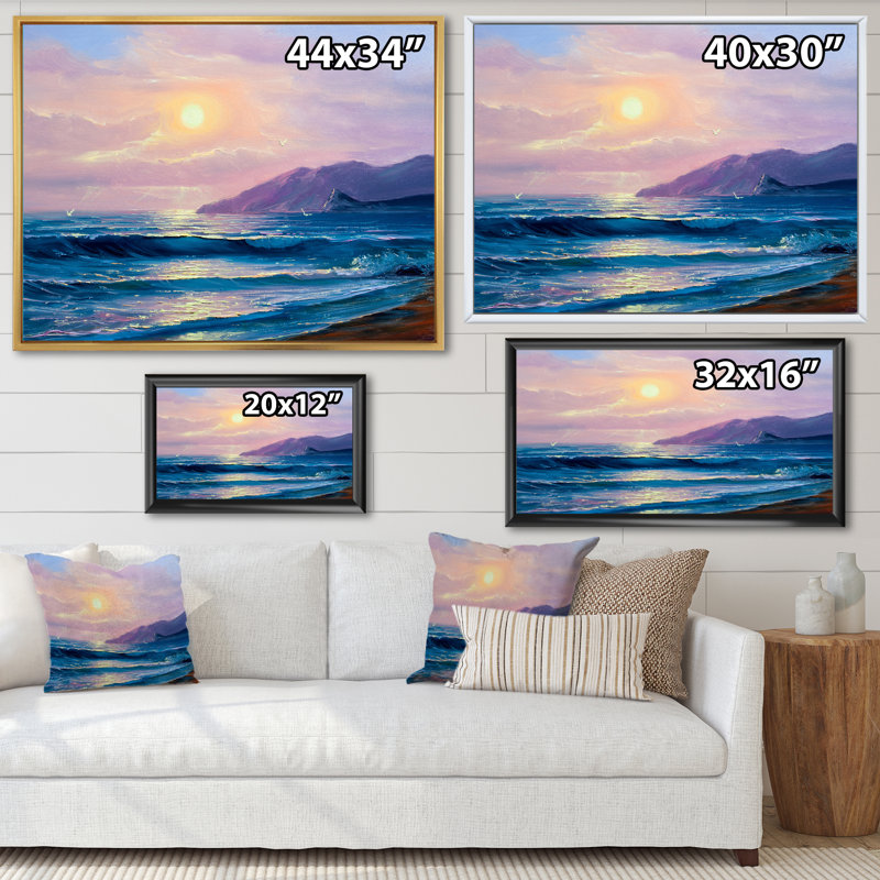 «Sunset Above Dark Blue Ocean Waves», reproduction sur toile, H 30 po x l 40 po, Toile à cadre flottant noir