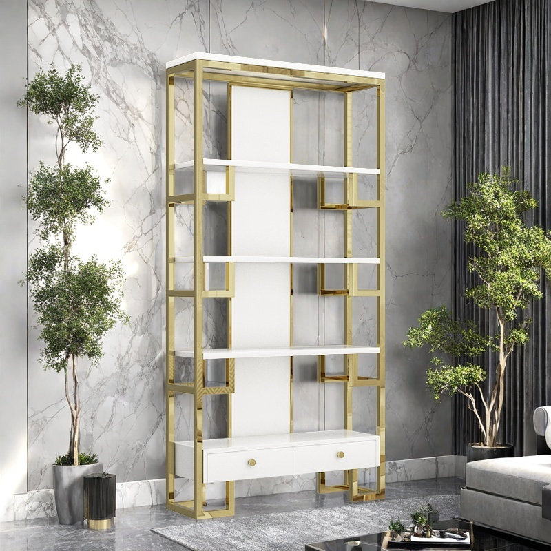A light luxury and elegant bookcase, (4 Shelves) 78.7"H x 47.2"W x 11.8"D, White/Gold
