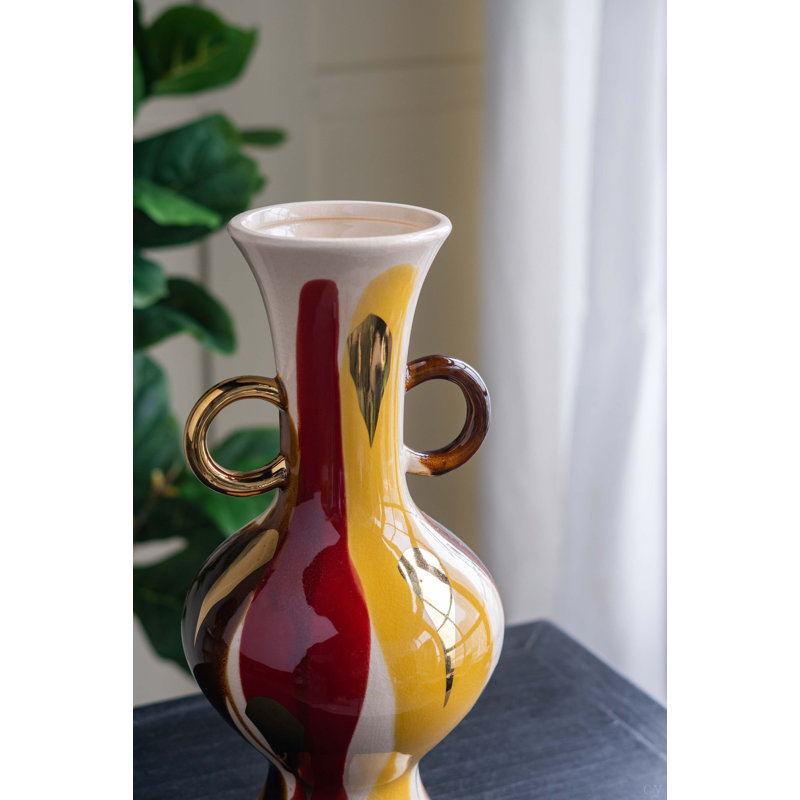 Vase rond en céramique avec finition multicolore abstraite et petites poignées
