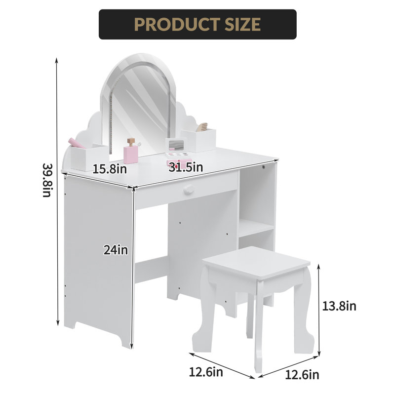 Kids Vanity Table with Mirror and Lights, Wooden Makeup Vanity Desk with Stool, Drawer, Shelves & Cubbies, Princess Dressing Table