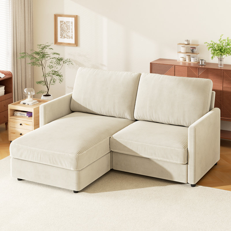 Modern Corduroy 2 Seater Sofa with Ottoman, Beige Corduroy