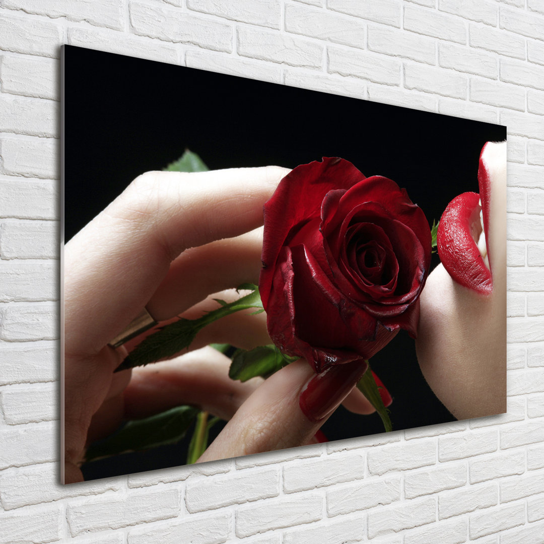 Glasbild Frau mit Rose