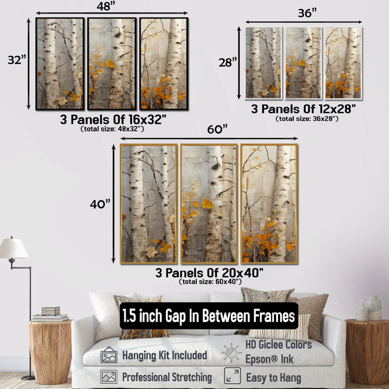 Autumn Birch Tree Elegance - Tree Wall Art, 28" H x 36" W, Brown Floater Framed
