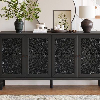 Buffet antique 60 "avec sculptures florales avec pieds en bois massif et poignées en laiton antique et tablettes réglables, meuble télé pour téléviseur de 65 po et plus, buffet pour le salon, la salle à manger 
