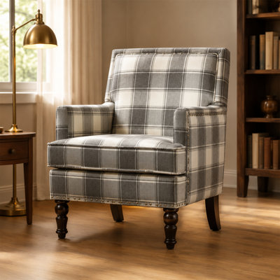Fauteuil rembourré, chaise décorative écossaise grise et blanche, fauteuil club écossais à haut dossier, structure en bois massif revêtue de mélange de coton et de lin, garniture rivetée, style rétro