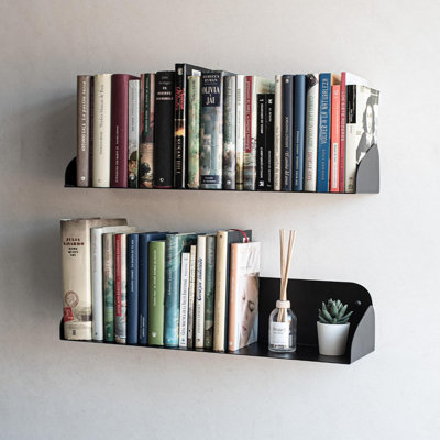 Metal Floating Shelves Wall Mounted Set of 2, 60 cm Black Books Shelves for Kitchen, Bathroom