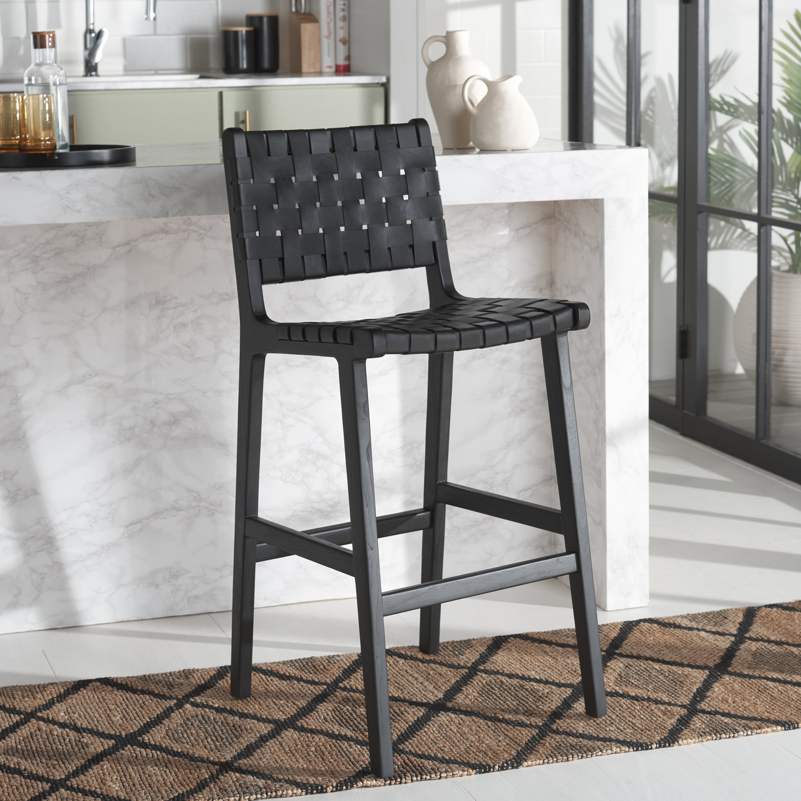 Alston Leather Bar Stool, Bar Stool (29.70" Seat Height), Black Leather/Black Frame