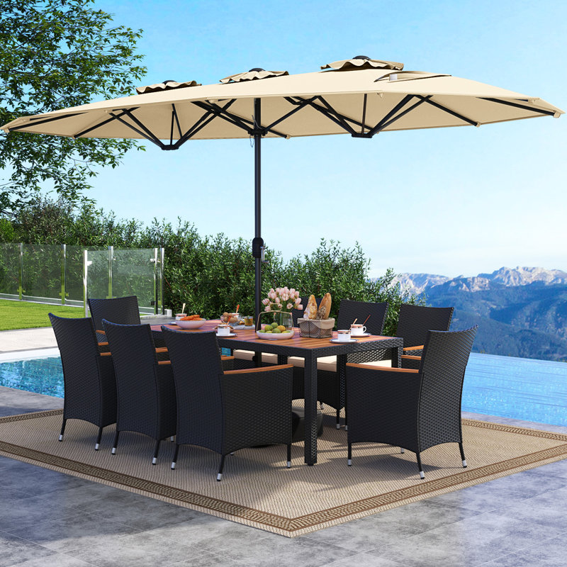 Ensemble de 11 chaises de patio en osier avec parasol double face et 8 chaises empilables, Brun, Beige
