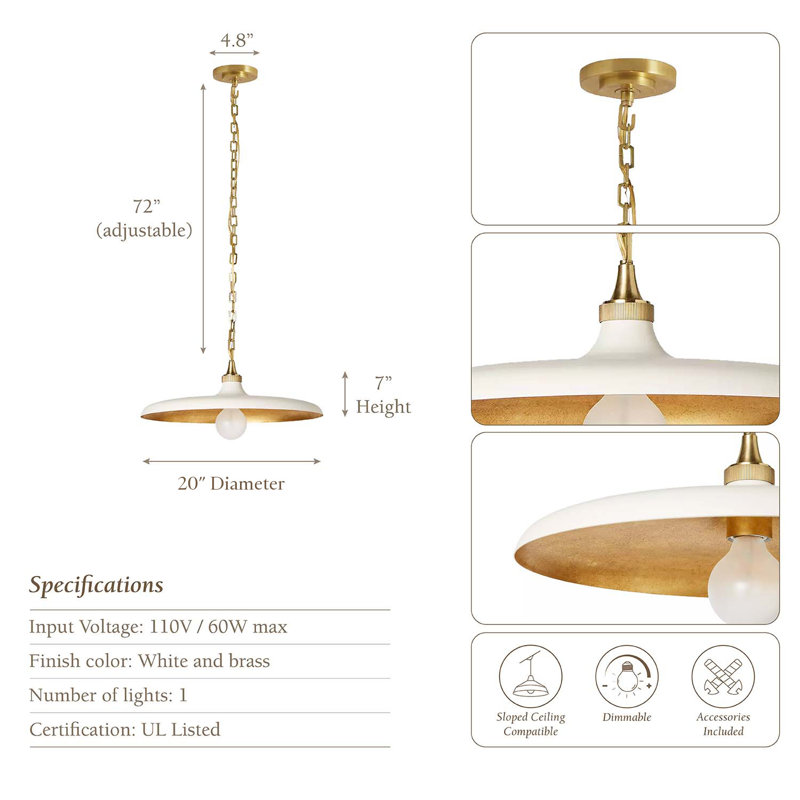 Ferrer Pendant Light – 20" Cream and Antique Brass Plug-In or Hardwired Metal Light Fixture for Kitchen, Dining Room, or Bedroom in Mid-Century and Modern Farmhouse Style