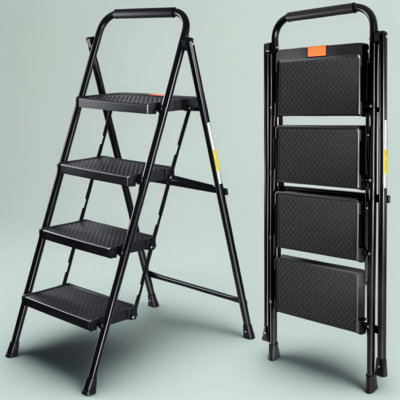 4 Step Ladder For Adults With Auto-Lock Safety Design, 500Lbs Heavy Duty Steel Construction, Wide Anti-Slip Pedals, Foldable & Portable Step Stool With Cushioned Handle