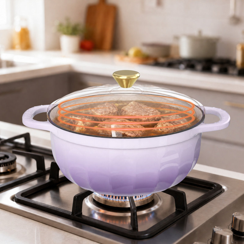 Cocotte en fonte émaillée violette de 7,5 litres en forme de pétale, avec maniques et dessous de plat résistants à la chaleur
