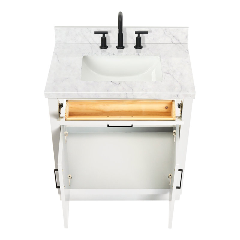 Thornaby 30'' Solid Wood Single Bathroom Vanity with 1.5'' Quartz Top, Rectangular, White  / Matte Black