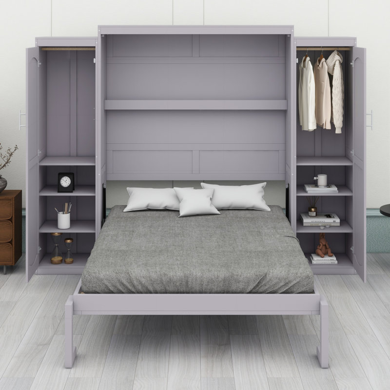 Lit escamotable avec garde-robe et tablette de rangement, Gris