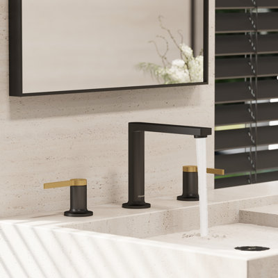 Tinian Widespread Bathroom Faucet with Pop-Up Drain, 2-Handle 3-Hole Modern Bathroom Sink Faucet in Matte Black & Brushed Gold