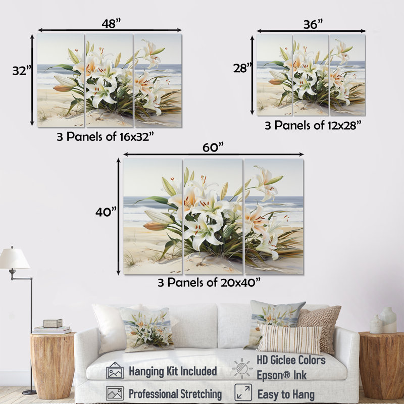 Glory Lilies On The Beach II - ensemble d'art mural sur toile Lilies, H 28 po x l 36 po x P 1 po