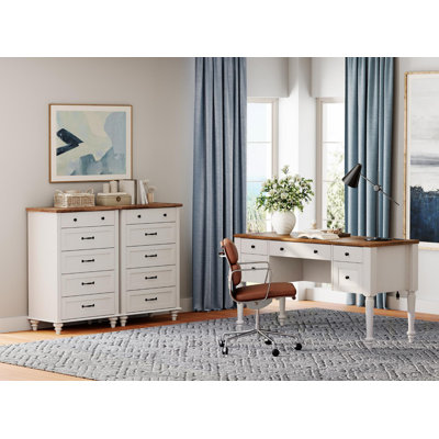 3 Piece Office Set, 56" Executive Writing Desk, Set Of 2 Tall Dressers With Drawers, Off White