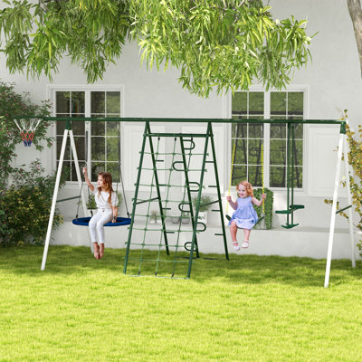 Portique de 528 lb pour la cour arrière, ensemble de jeu d'extérieur robuste en A pour enfants 5 en 1, avec balançoire, glissade, sièges de balançoire, planeur, panier de basketball, marches d'escalade et filet