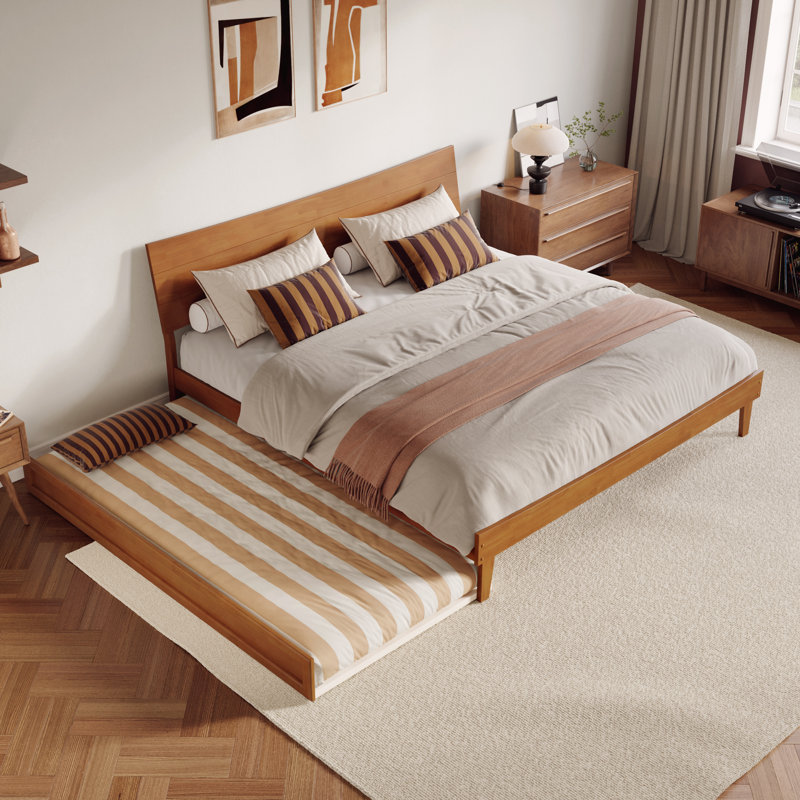 Phoenix Wood Platform Bed with Trundle, Light Toffee, King