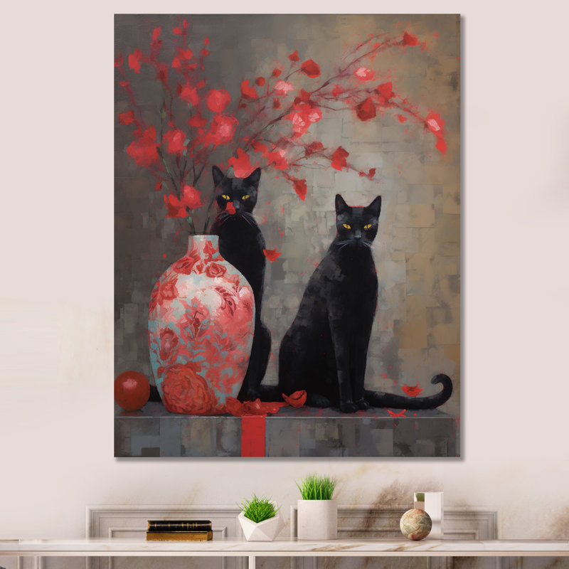 «Black Cat» dans un vase avec fleurs rouges - reproduction d'art, Toile tendue, H 20 po x l 12 po x P 1 po