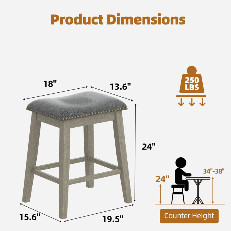 Wood Upholstered Bar Stools (Set of 2), Gray, Counter Stool (24" Seat Height)