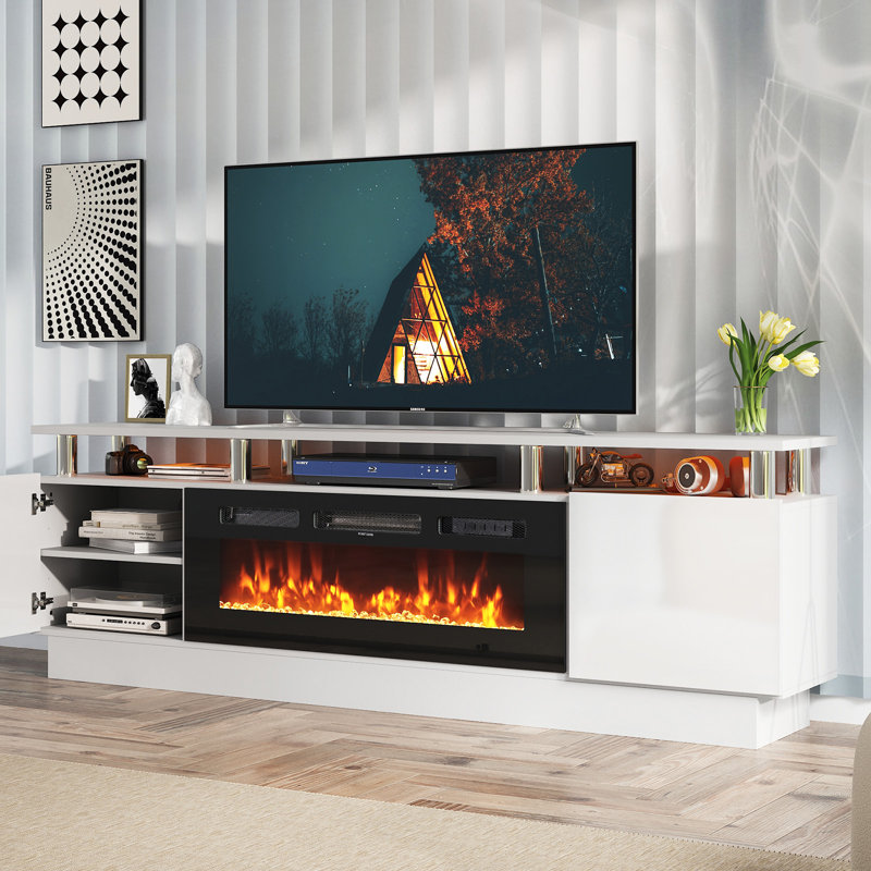Meuble télé Kazimieras avec foyer électrique, console multimédia moderne à 2 niveaux, 23.4" H × 70" L × 13.8" W, Blanc/Noir