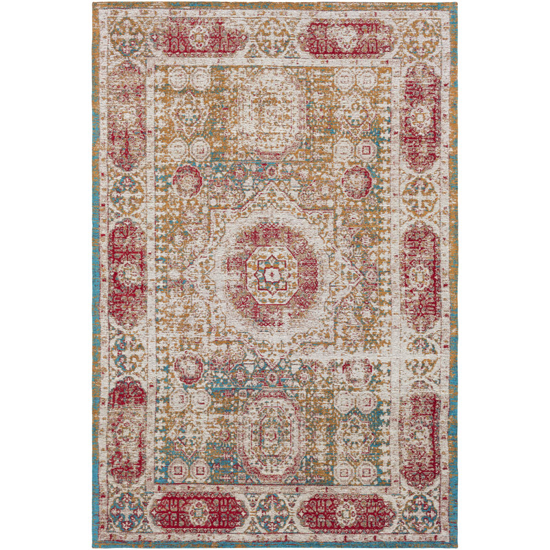 Moutarde/bleu vif tissé à la main Aoi Tapis décoratif, Rectangle 2 pi x 3 pi