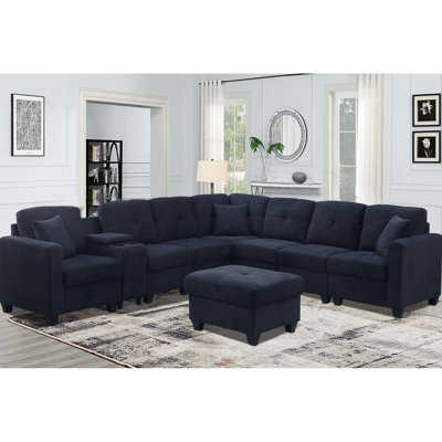 7 couches modulaires en microfibre de couleur bleu foncé - Coussins hauts, deux porte-gobelets, cadre en bois massif pour une utilisation et une stabilité à long terme