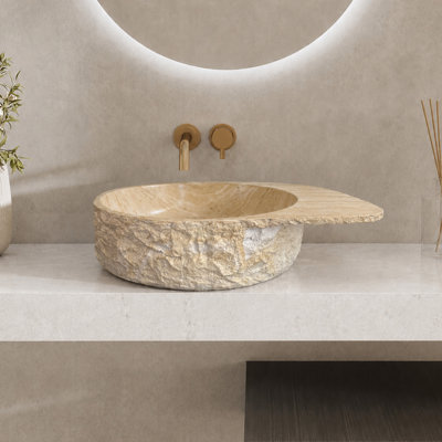 Lavabo de salle de bain en pierre 20 "à cuve ronde à surface solide de style artistique en pierre de travertin jaune Zen