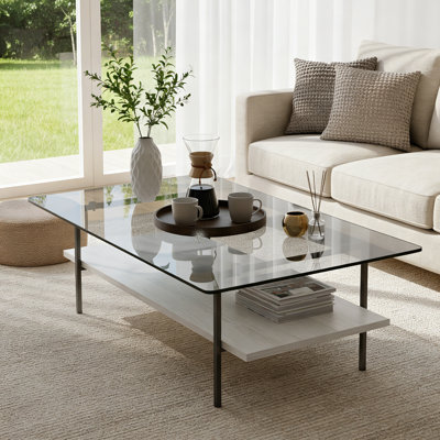 Table basse moderne en verre rectangulaire avec tablette en bois et structure en métal, table de salon moderne