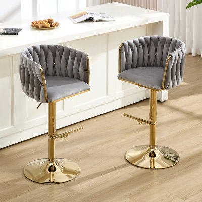 360° Velvet Swivel Bar Stools Set of 2,  Modern Adjustable Counter Height Bar Stool with Woven Backrest, Swivel Kitchen Stools for Kitchen Island, Bar,Grey