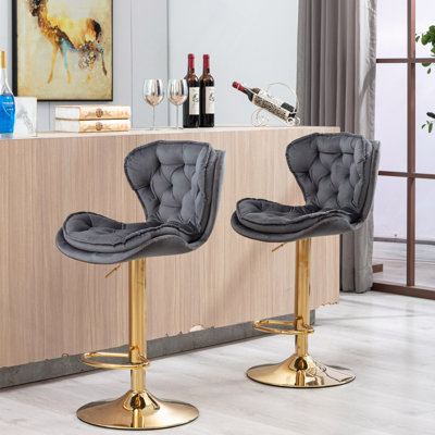 Set Of 2  Bar Stools,With Footrest And Base Swivel Height Adjustable Mechanical Lifting Velvet + Golden Leg Simple Bar Stool
