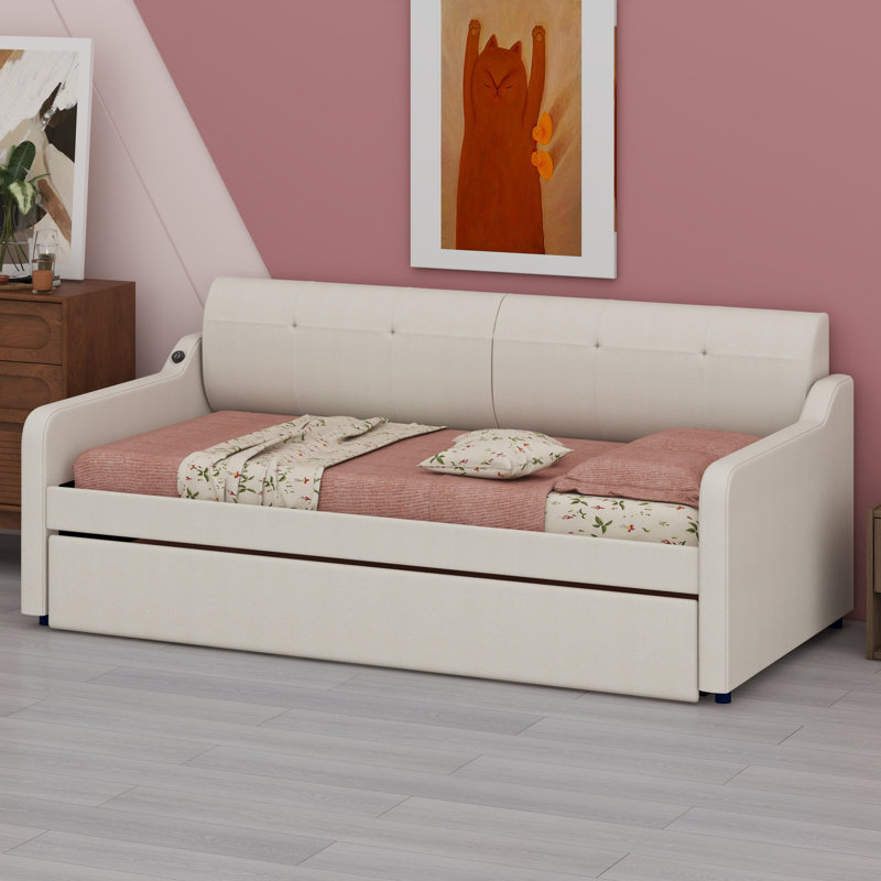 Lit de jour rembourré avec lit gigogne et conception de chargement USB, le lit gigogne peut être plat ou érigé, Beige