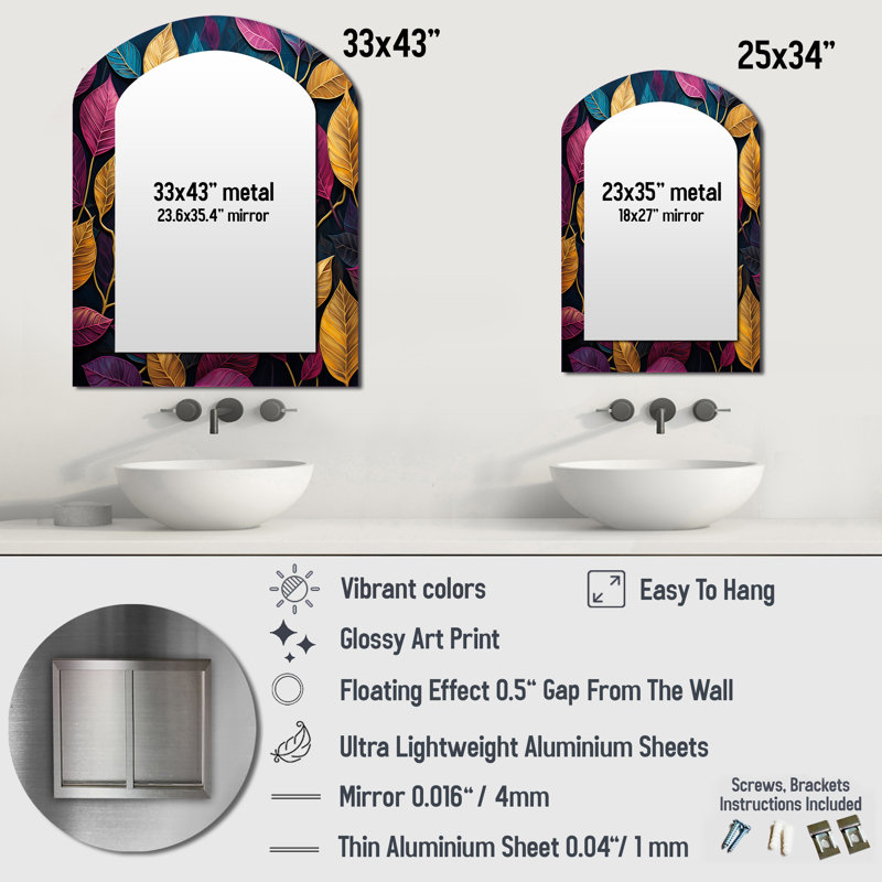 Colourful Leaves Charm Foliage I - Gold Arch Wall Mirror Decor, 34" x 25"